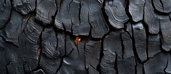 Close up of charred wood texture displaying natural grain patterns ideal for backgrounds or design elements with space for text