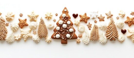 Handmade gingerbread Christmas cookies and meringue decorations in festive arrangement on white background perfect for holiday themes