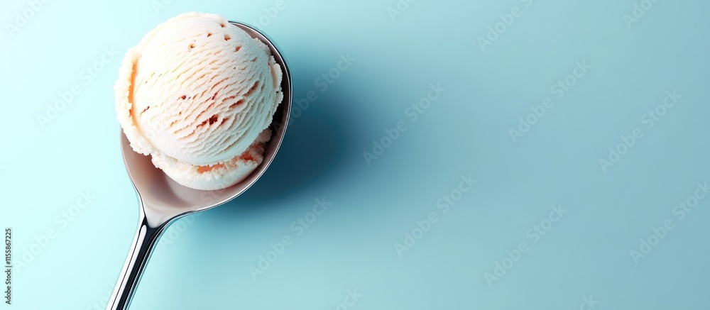 Poster top view 3d illustration of a single ice cream scoop on a spoon with a clean background and empty sp