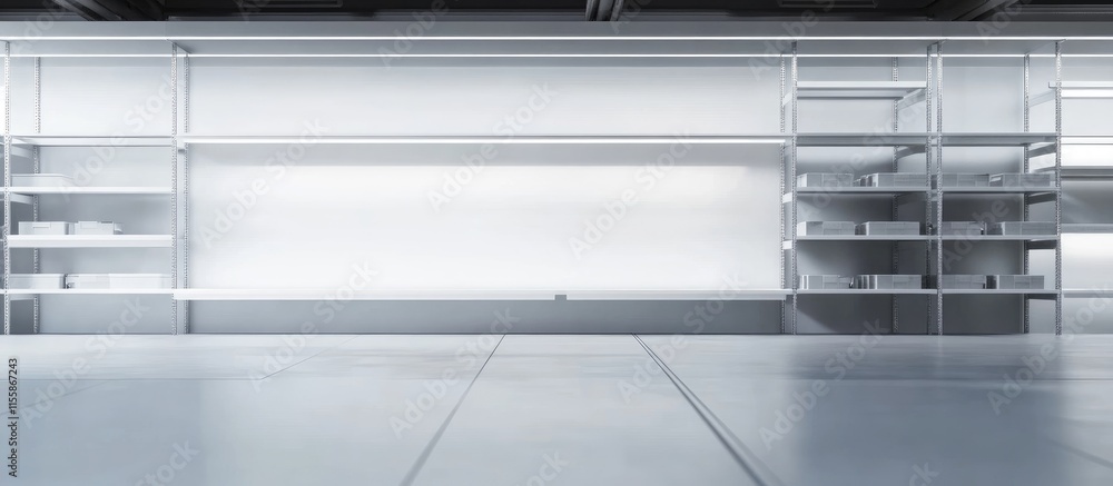 Aufkleber 3d warehouse inventory system featuring neatly organized shelves and blank space for custom text or 