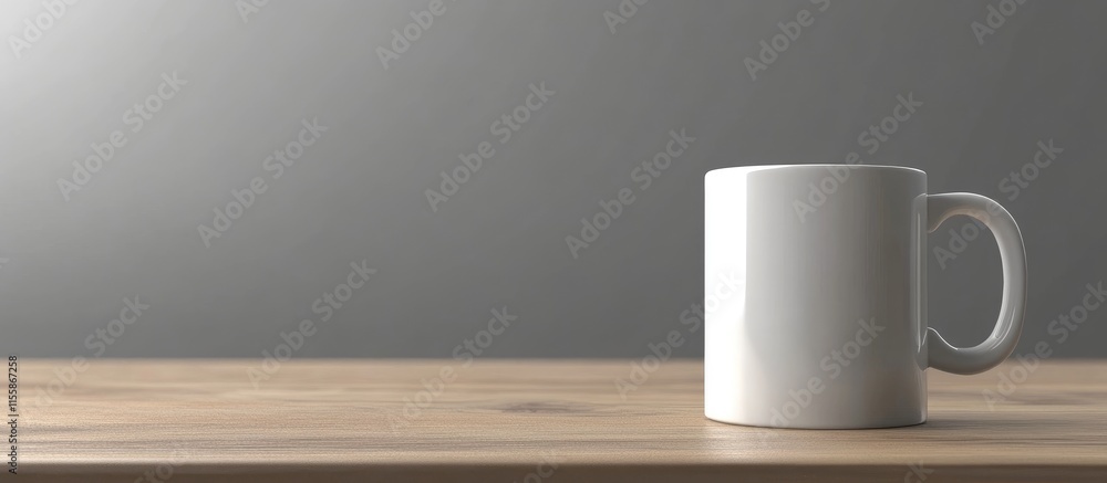 Poster 3d low angle view of white coffee mug on wooden table with neutral background and empty space for te