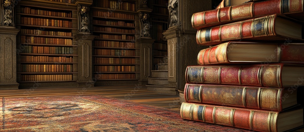 Poster Vintage stack of books in a grand library setting with decorative architecture and empty space for text usage or design elements