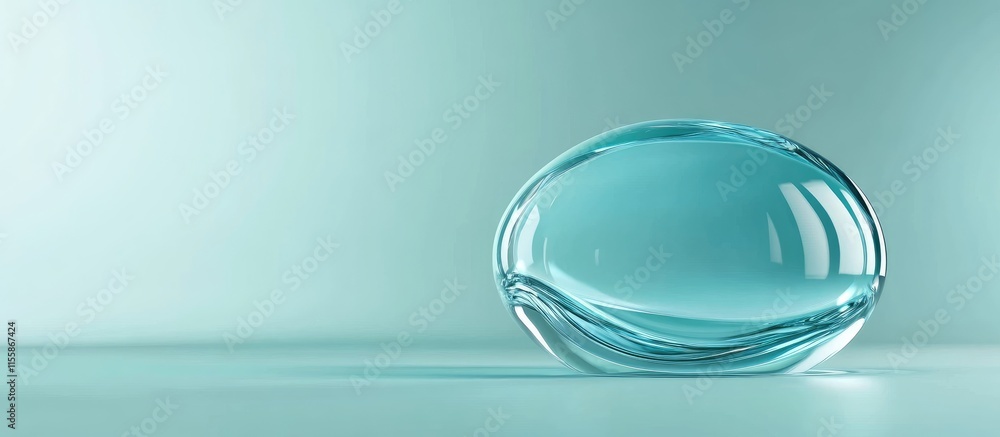 Poster 3d transparent glass pillow design with fluid resin in calming teal tone and ample empty space for t