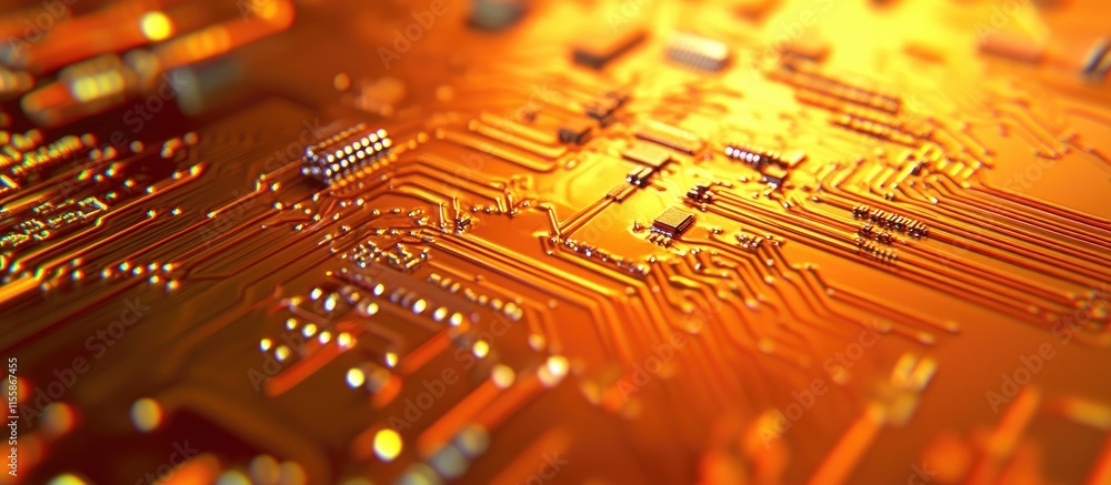 Poster abstract orange circuit board design with microchips and digital technology elements for text insert