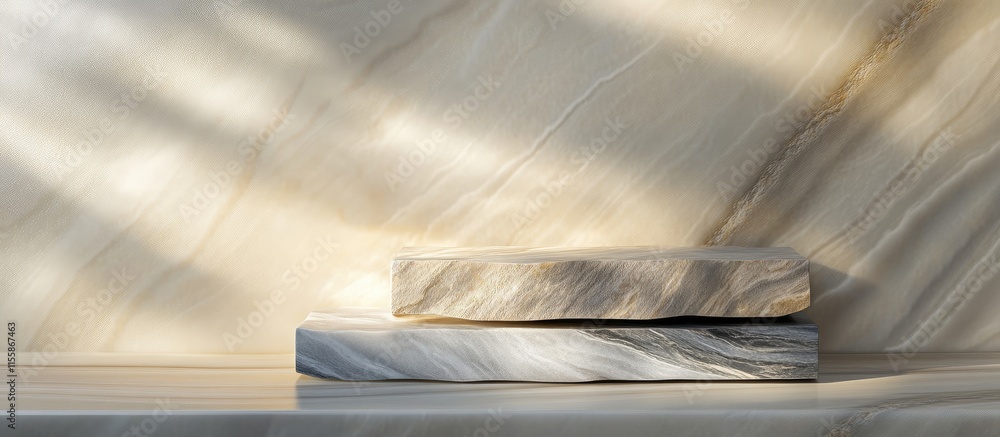 Poster 3d marble stone carvings elegantly arranged for product display with ample empty space for text or b
