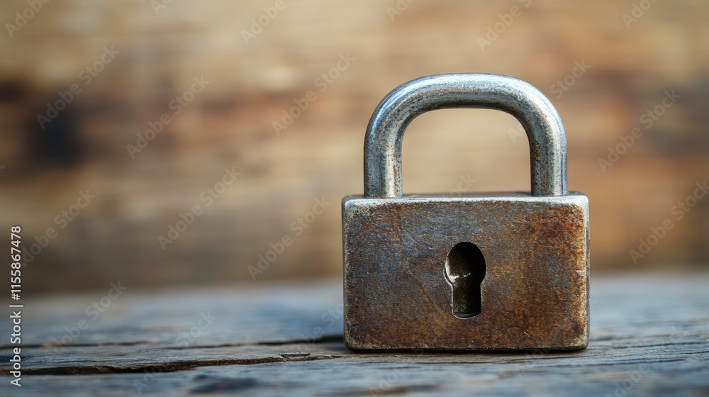 Aufkleber vintage padlock on weathered wooden surface with copy space for security or encryption related text