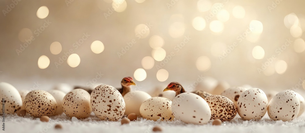 Poster easter celebration background with quail and chicken eggs and bokeh effect for text space