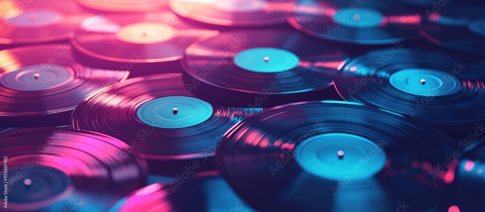 Poster vibrant abstract disco theme with vinyl records and colorful lighting featuring empty space for text