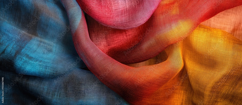Poster colorful abstract textile art background with flowing fabrics and empty space for text display