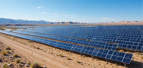 A vast array of solar panels covers the sandy terrain, harnessing sunlight in a remote desert location. Mountains rise in the background, emphasizing the renewable energy effort