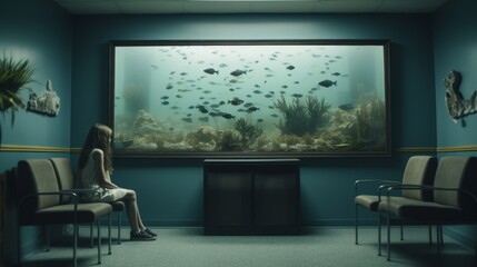 a wide shot a a really gray and boring waiting room, a young girl is looking at a small fish tank in the corner, dramatic, cinematic, 