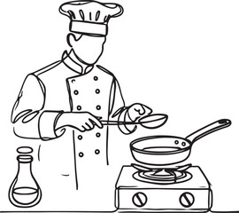 Chef Line Drawing: Cooking with Pan in Minimalist Design