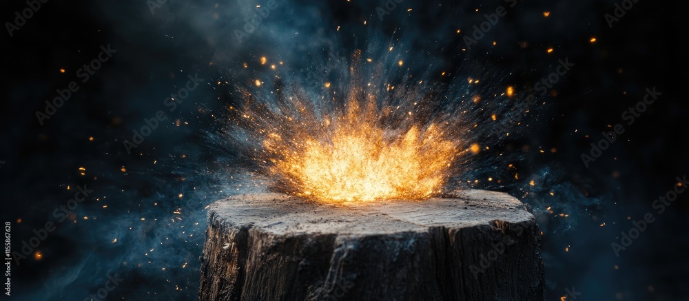 Poster abstract explosion effect on a weathered tree stump with a mythical theme and ample copyspace for cr