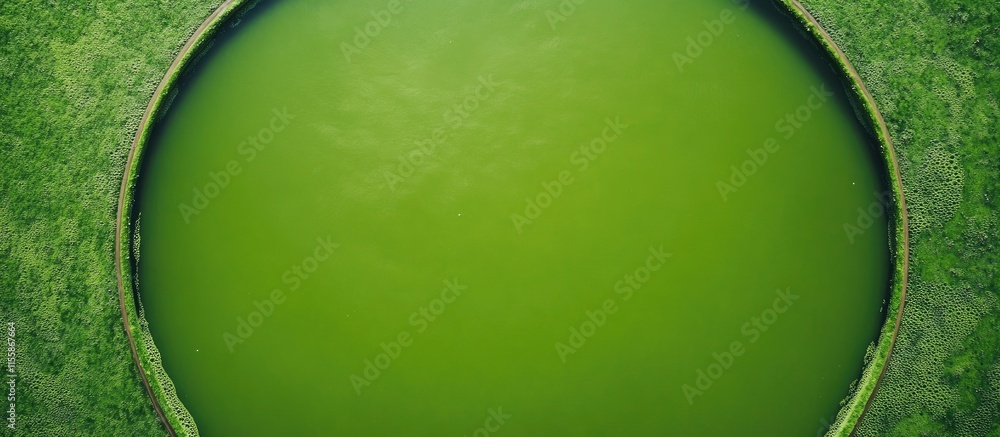 Poster Aerial View of Vibrant Green Circular Pond Surrounded by Lush Landscape with Space for Custom Text or Branding