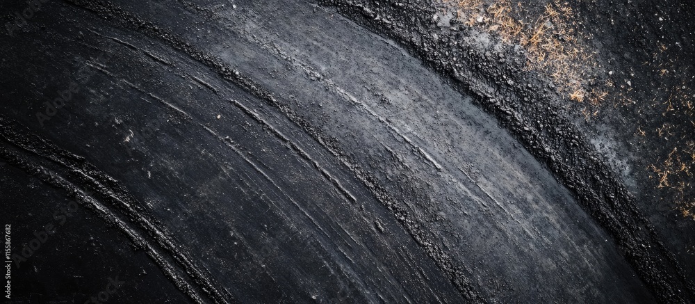 Poster aerial perspective of worn asphalt texture with tire marks and ample space for text integration in a