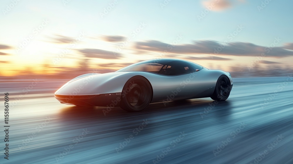 Poster futuristic aerodynamic concept car speeding on a serene road with motion blur and ample space for te