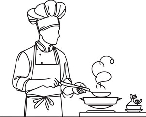 Chef Line Drawing: Cooking with Pan in Minimalist Design