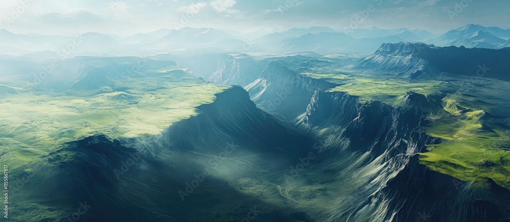 Poster aerial view of rugged mountain range showcasing vast landscape and dramatic terrain with open space 