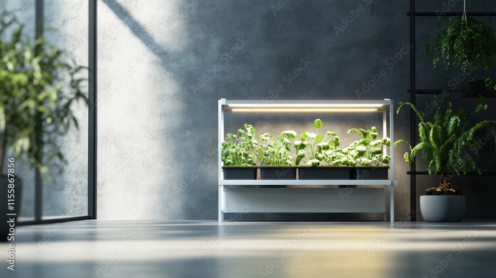 Poster aeroponic farming setup in a modern greenhouse featuring lush greenery and ample empty space for tex
