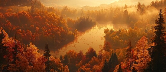 Aerial view of vibrant autumn forest and tranquil river under golden sunlight creating a serene and picturesque landscape scene