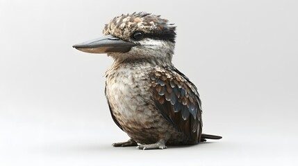 A juvenile kookaburra bird sits on a white background