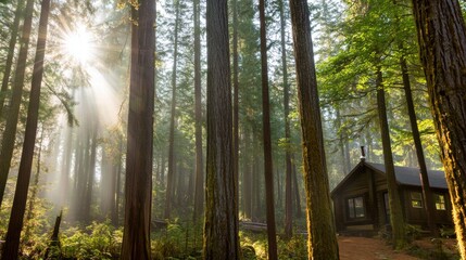 Obraz premium Secluded Cabin in Redwood Forest at Sunrise 
