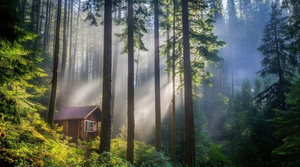 Forest Cabin in the Mist: A picturesque cabin nestled amidst towering evergreens, bathed in the ethereal glow of morning mist. The sun's rays pierce through the dense canopy.