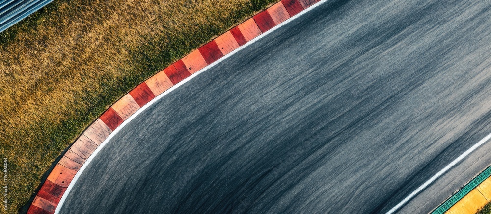 Aufkleber aerial view of a deserted asphalt racetrack curving through green grass under a cloudy sky with spac
