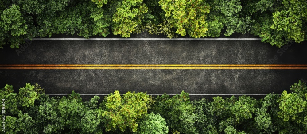 Poster aerial view of a winding asphalt road surrounded by lush green forest trees with ample blank space f