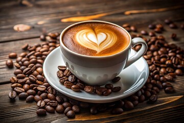 Close-Up of Steaming Latte Art Coffee in Rustic Warm Setting with Roasted Beans.