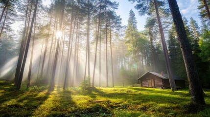 Sunlit Forest Cabin: Serene morning sunbeams pierce through a misty forest, illuminating a quaint cabin nestled in a lush green clearing.