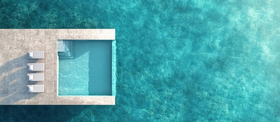 Aerial view of a luxurious infinity edge swimming pool surrounded by clear blue water perfect for relaxation and tranquility.