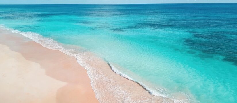 Aerial view of tranquil blue ocean waves meeting a sandy shore with clear space for text overlay or branding purposes