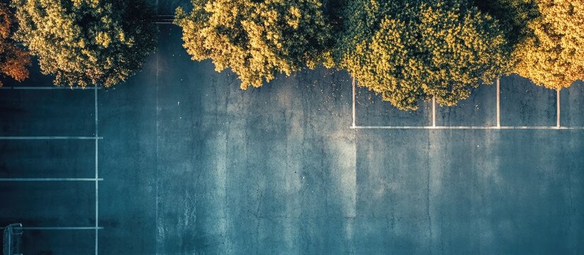 Aerial view of asphalt road and parking lot surrounded by trees showcasing empty space for text or advertising opportunities