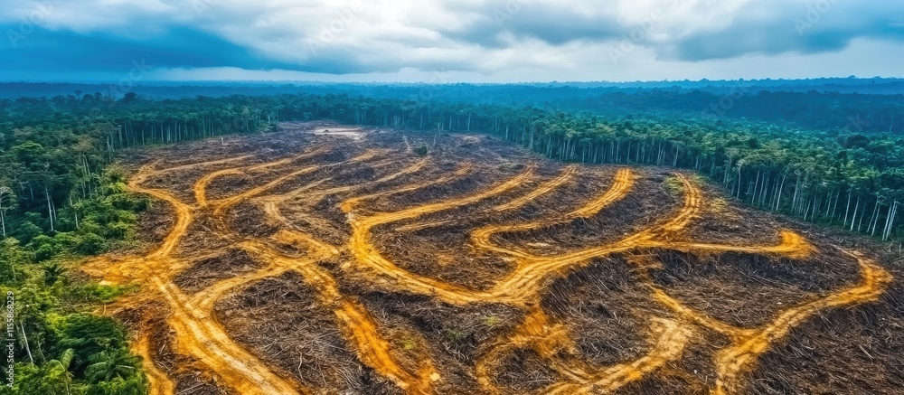 Poster aerial view of deforestation in the rainforest highlighting environmental impact with space for text