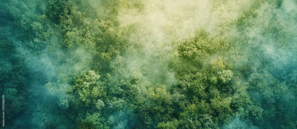 Poster aerial view of thick fog covering an autumn forest with vibrant greenery and ample blank space for t