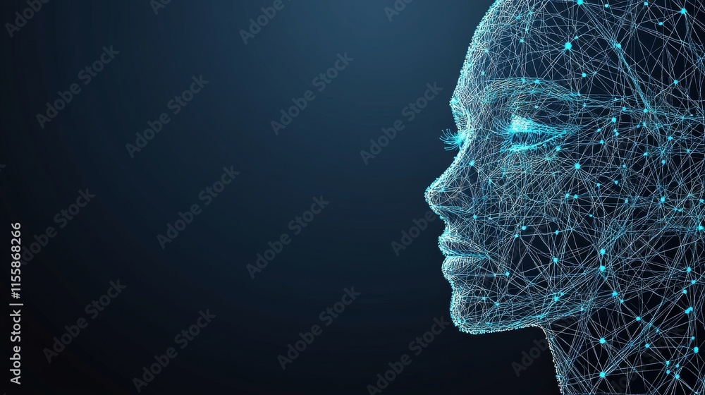 Poster stock banner depicting a cyber head with ai technology doodles, featuring a robotic computer intelle