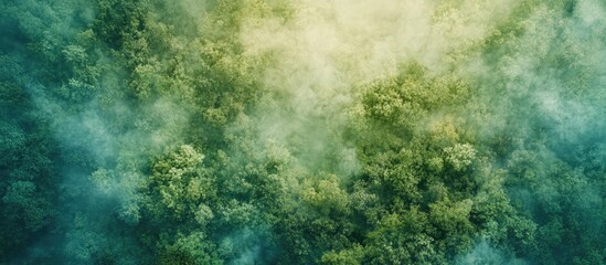 Obraz premium Aerial view of thick fog covering an autumn forest with vibrant greenery and ample blank space for text overlay or graphic design use