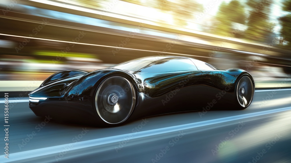 Poster futuristic aerodynamic concept car speeding along a road with blurred background and ample space for