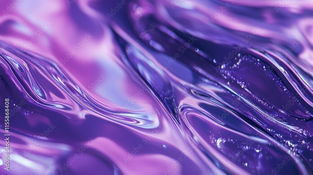 Poster holographic fluid abstract background in sparkling purple shades with smooth curves and empty space 