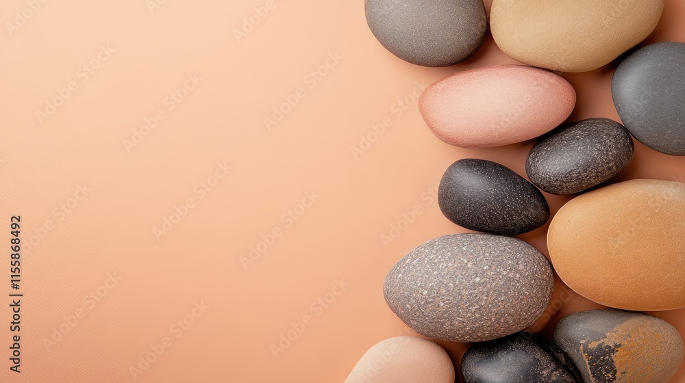 Poster warm colored pebbles on soft background creating a calm relaxing atmosphere with space for text and 
