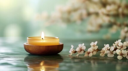 Vintage Spa Candle Decor with Natural Flowers and Soft Background for Tranquil Atmosphere and Text Space