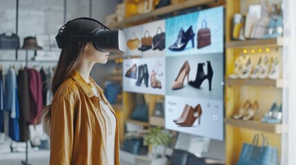 Naklejka premium Woman casual outfit browses highend shoes handbags large screen modern techsavvy online shopping setting