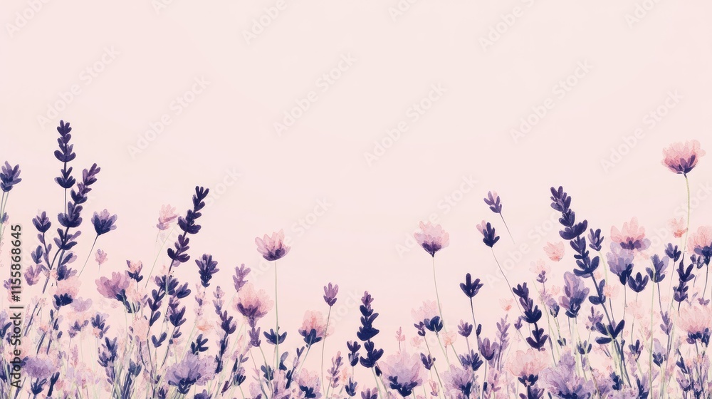 Poster lavender field in soft pastel colors with ample empty space for text placement in an aesthetic flora