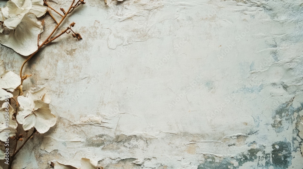 Poster antique textured background with dried flowers and empty copyspace for styling and text placement