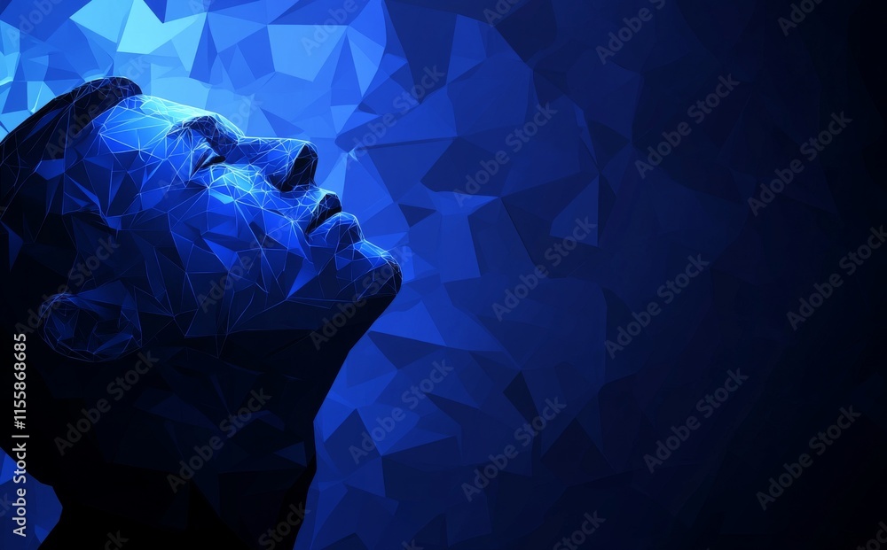 Poster ai - stock. digital ai brain. robotics theme. human face built from polygons. contemporary illustrat