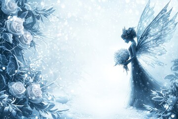 Enchanting Winter Fairy Surrounded by Snowy Roses in a Magical Dreamlike Landscape Perfect for Holiday and Fantasy Themes