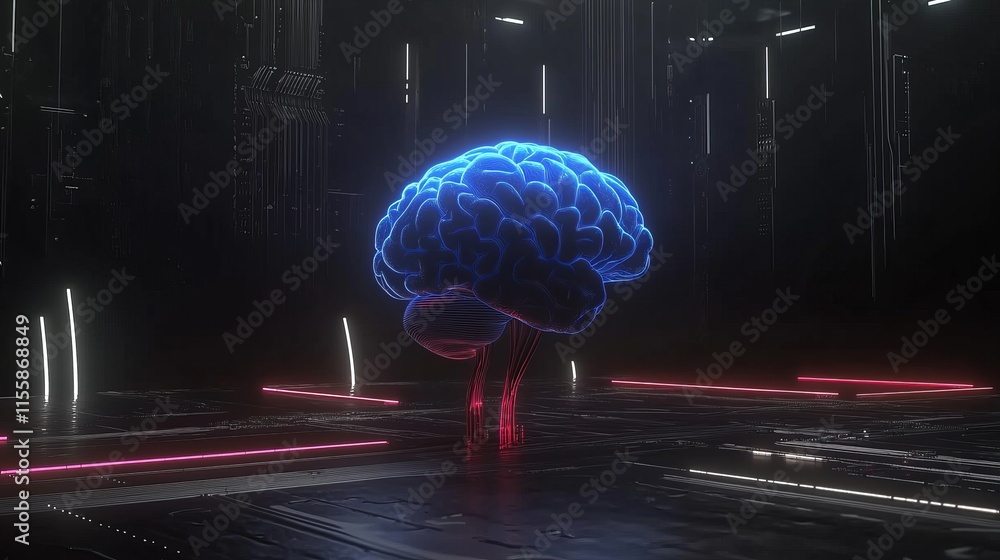 Poster a 3d rendering of typical hardware with a glowing blue brain circuit on a microchip situated on a co