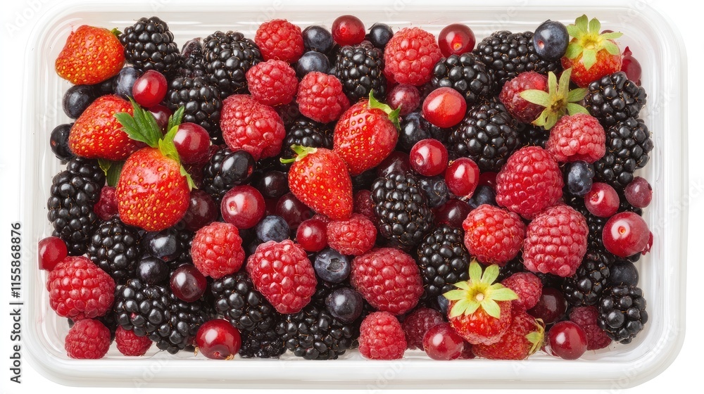 Poster assorted fresh berries in a white plastic container on white background top view ideal for culinary 