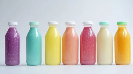 Colorful Assorted Bottles of Fresh Fruit Smoothies on a Minimalist Background Ready for Healthy Beverage Promotion